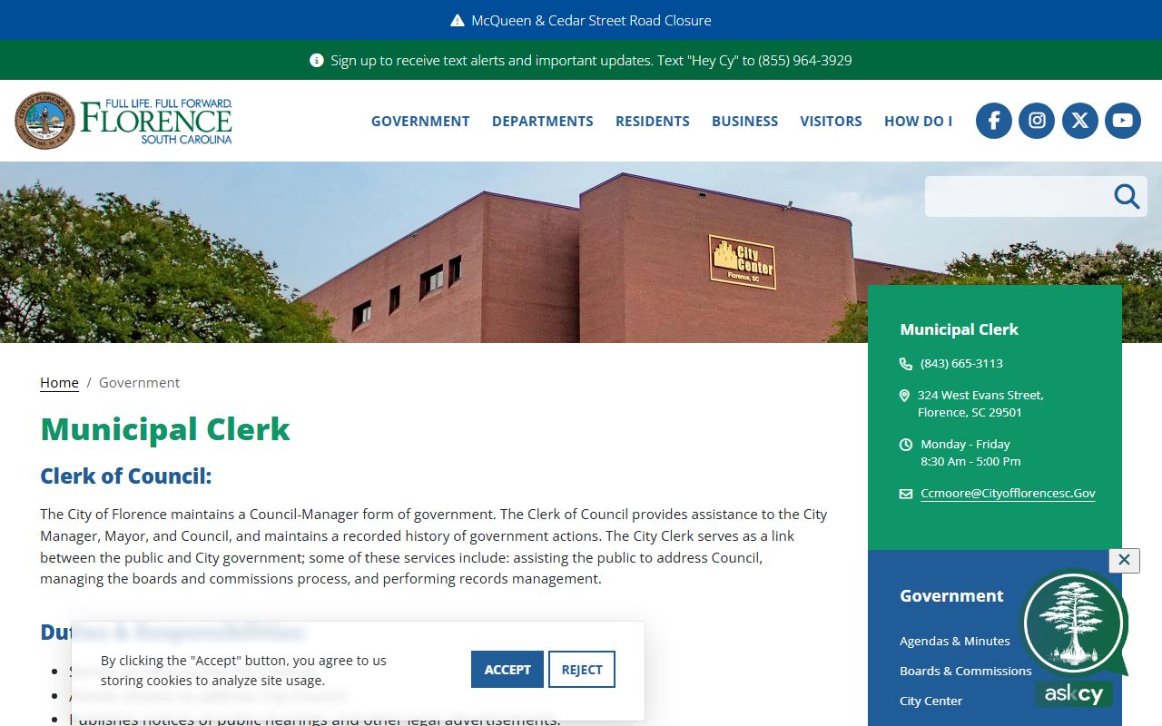 Florence Municipal Clerk office for public records and Florence death index related inquiries