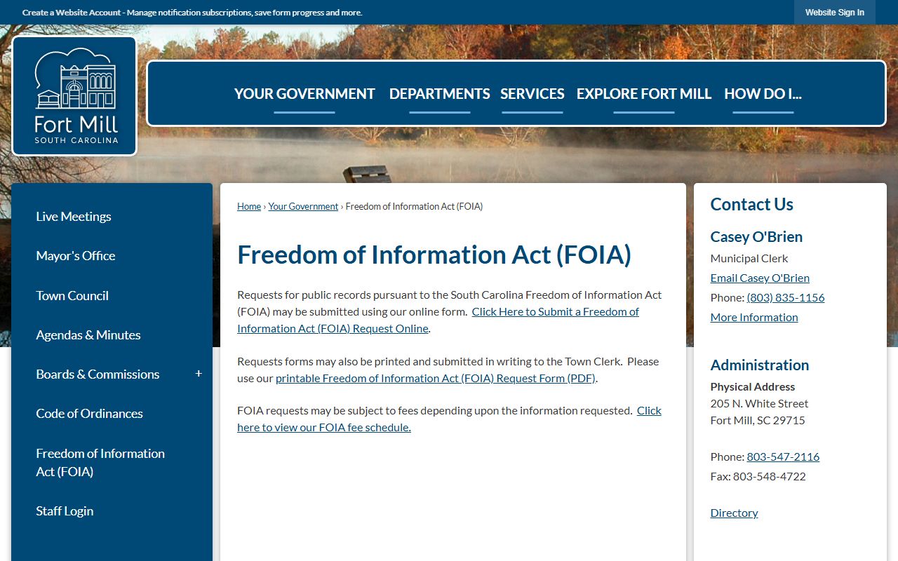 Fort Mill FOIA information portal for requesting public records related to Fort Mill death index