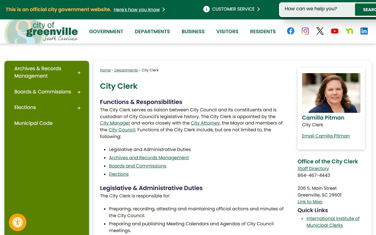 Greenville City Clerk office resources for death index and vital records guidance