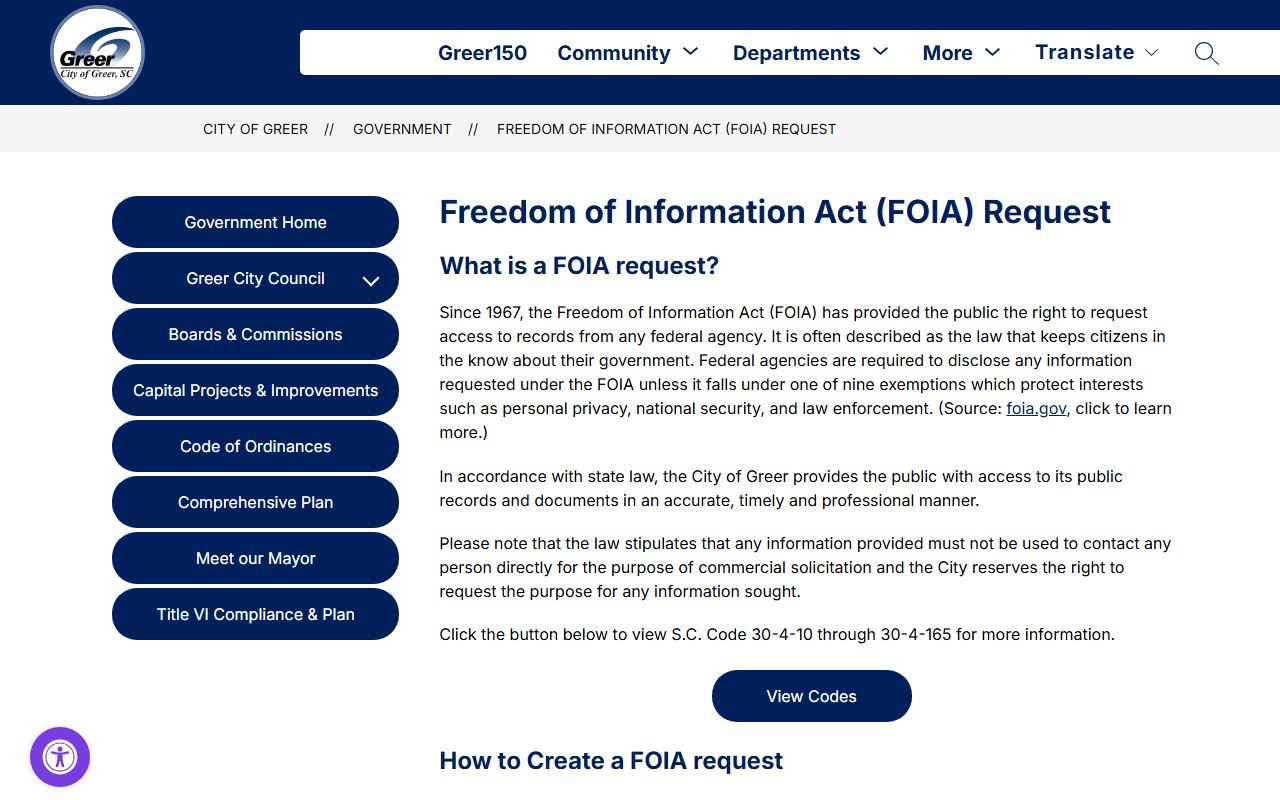 Greer FOIA request portal for obtaining public records related to Greer death index research