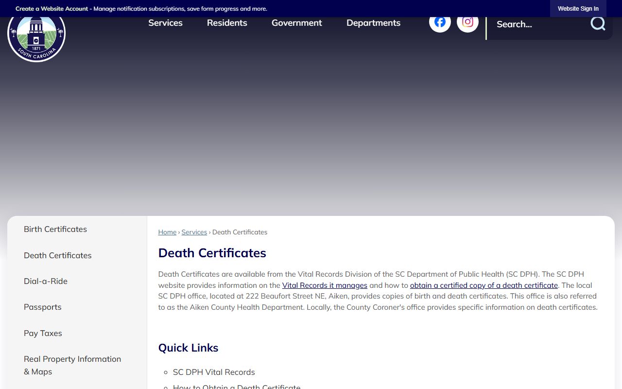 Aiken County Death Index certificates and vital records information