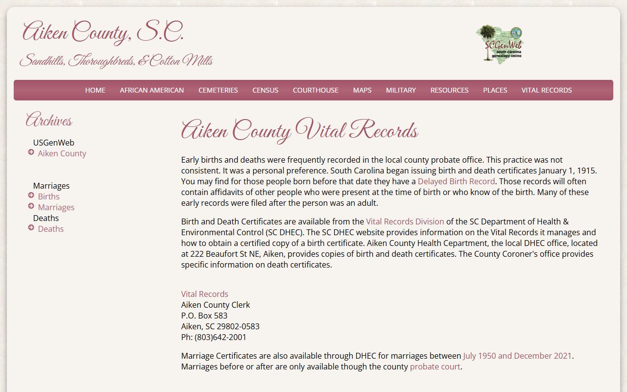 Aiken County Death Index SC GenWeb vital records resources