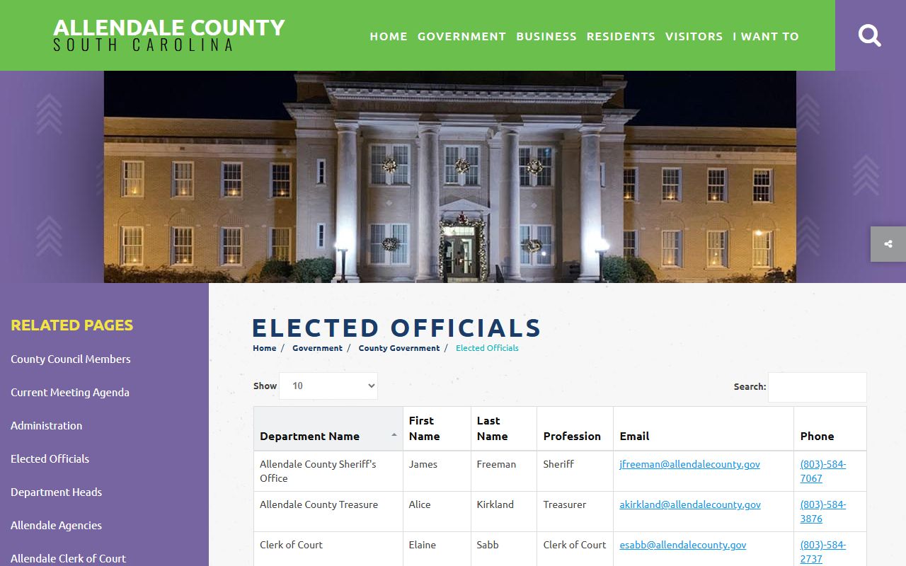 Allendale County Death Index elected officials and coroner contact