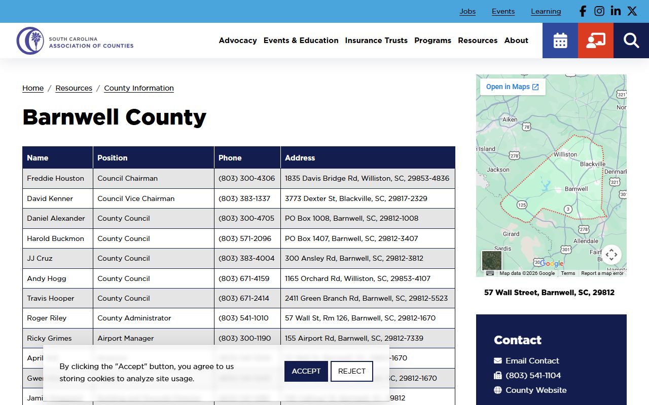 Barnwell County Death Index directory and county department contacts