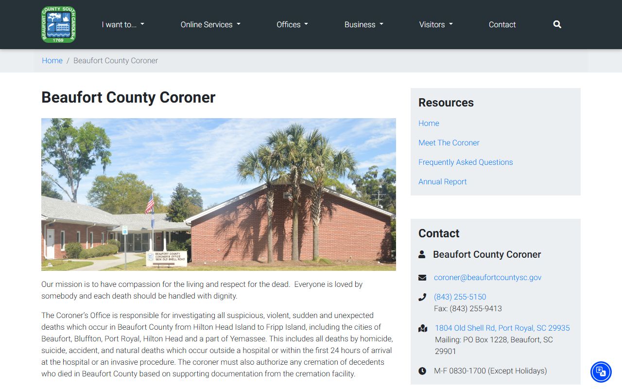 Beaufort County Death Index coroner office and investigation procedures