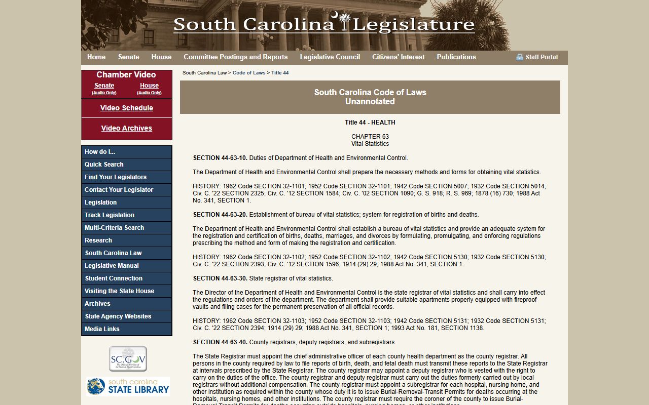 South Carolina Vital Statistics Code governing Clarendon County death index records
