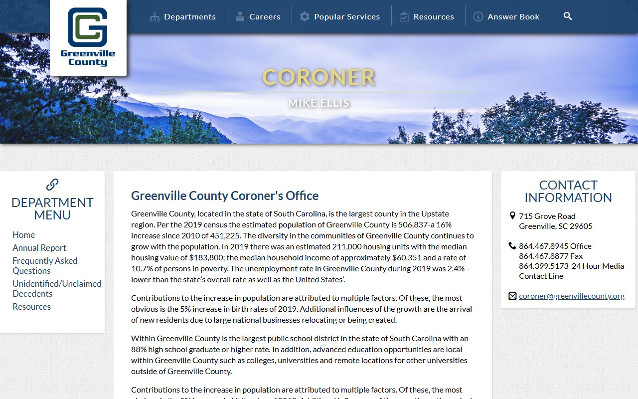 Greenville County Coroner office for death index records