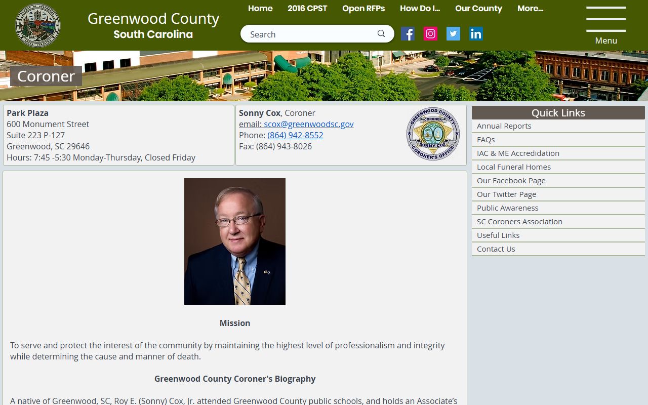 Greenwood County Coroner office for death index records