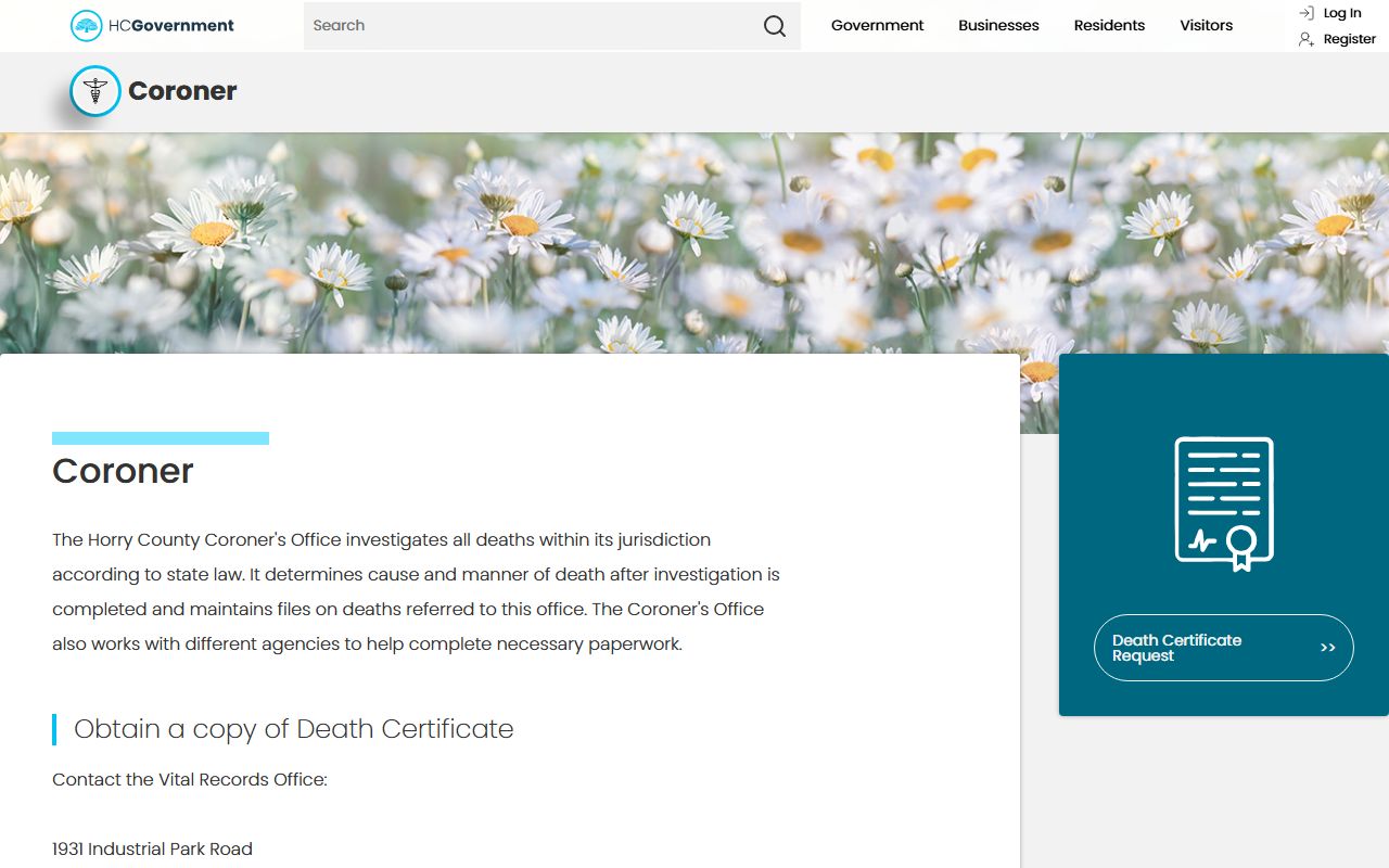 Horry County Coroner office for death index records