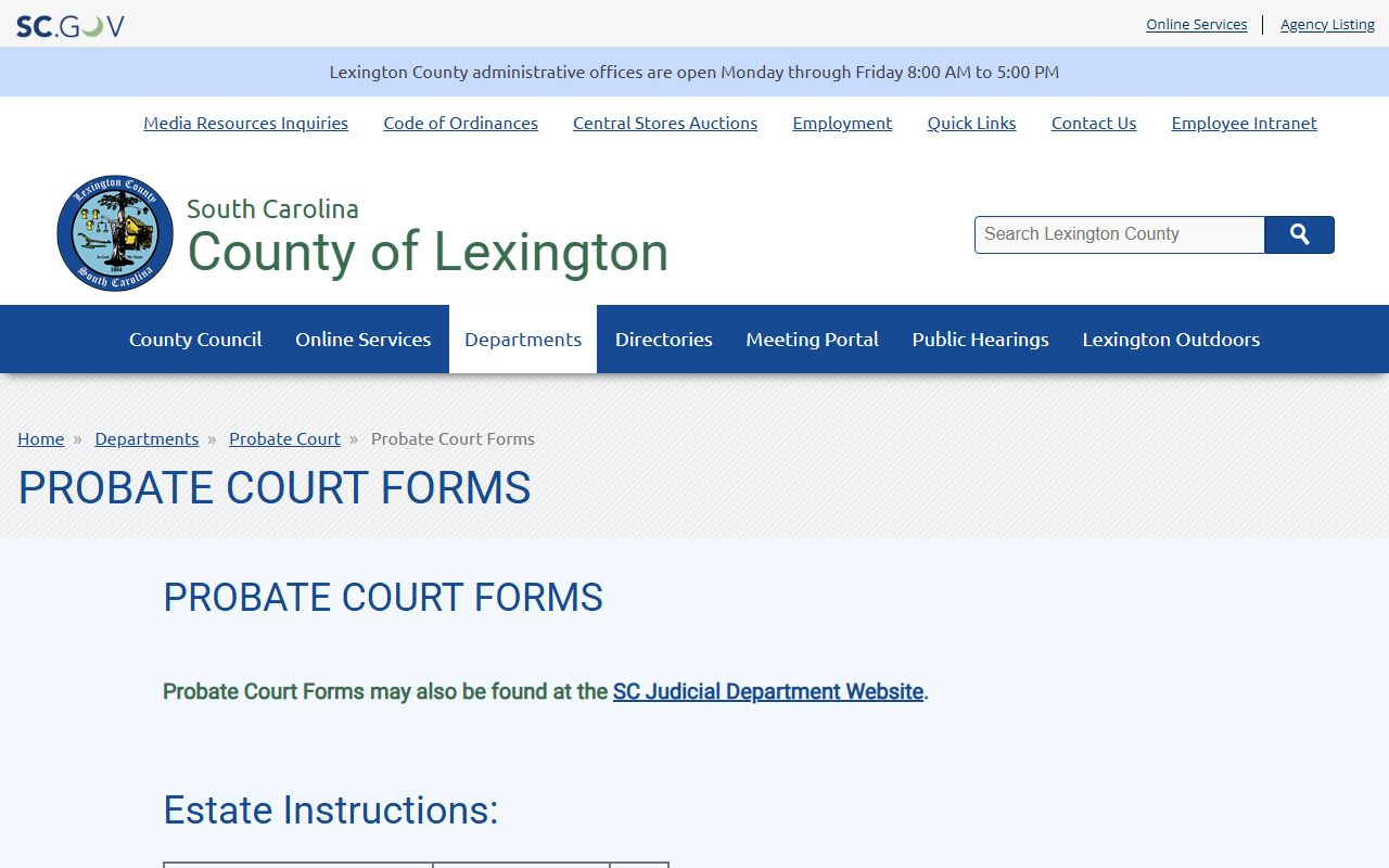 Lexington County Probate Court forms for death index and estate records