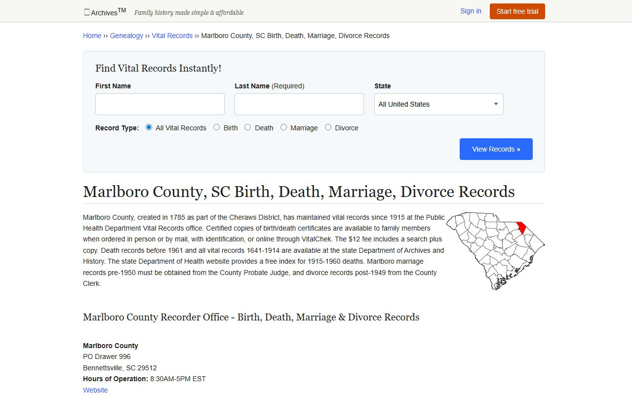 Marlboro County vital records archive for death index and genealogy