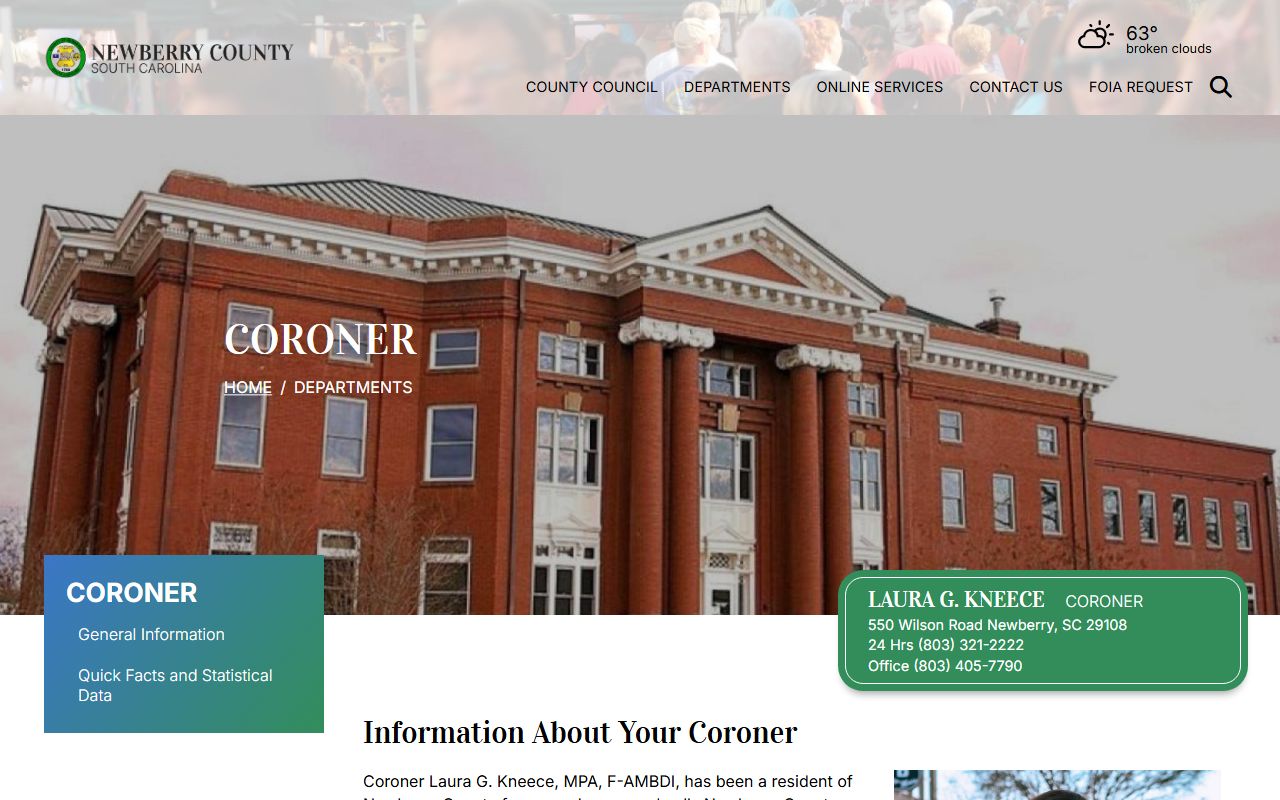 Newberry County Coroner office for death index and investigation records