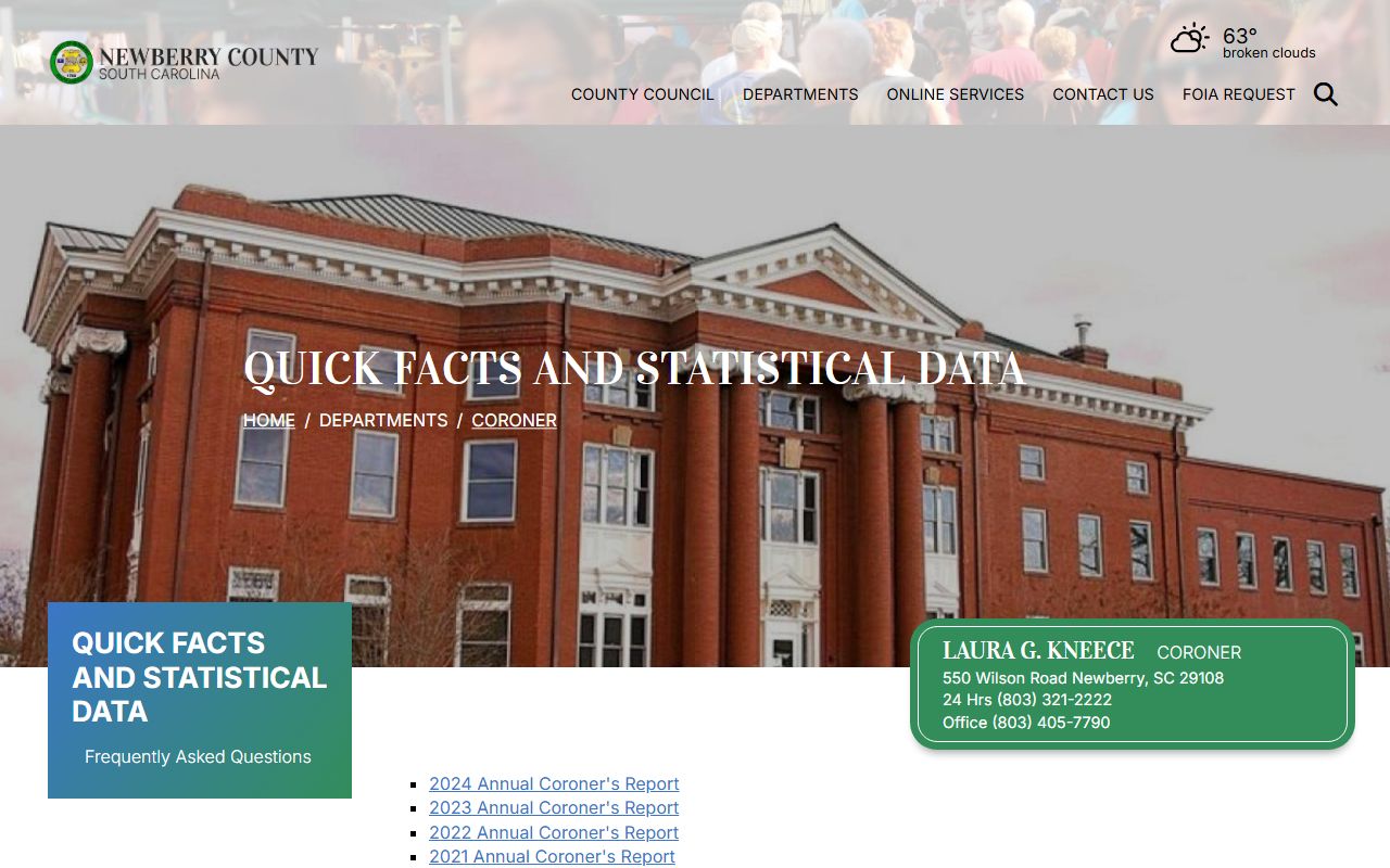 Newberry County Coroner statistical data for death index and records