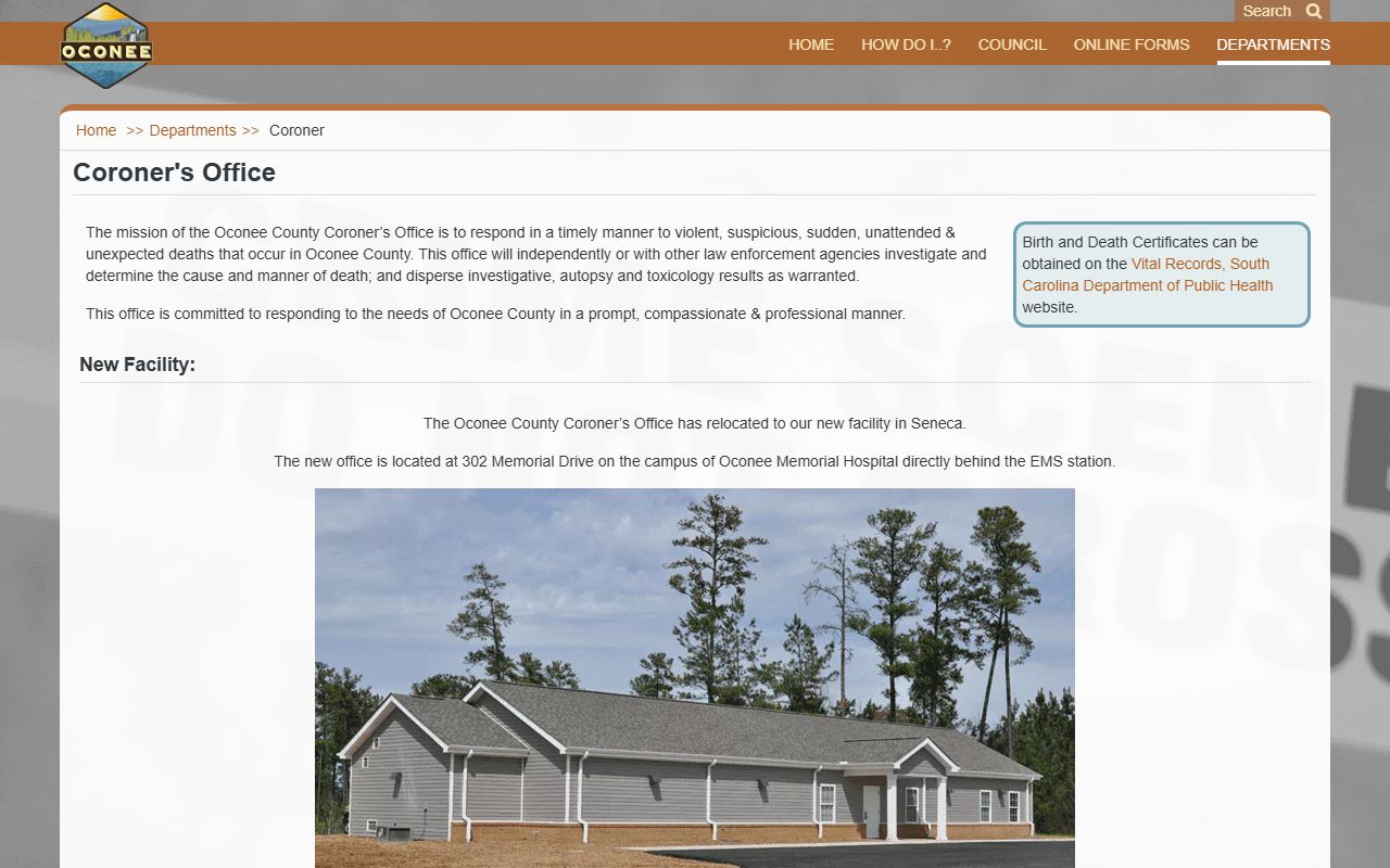 Oconee County Coroner Office for death index information