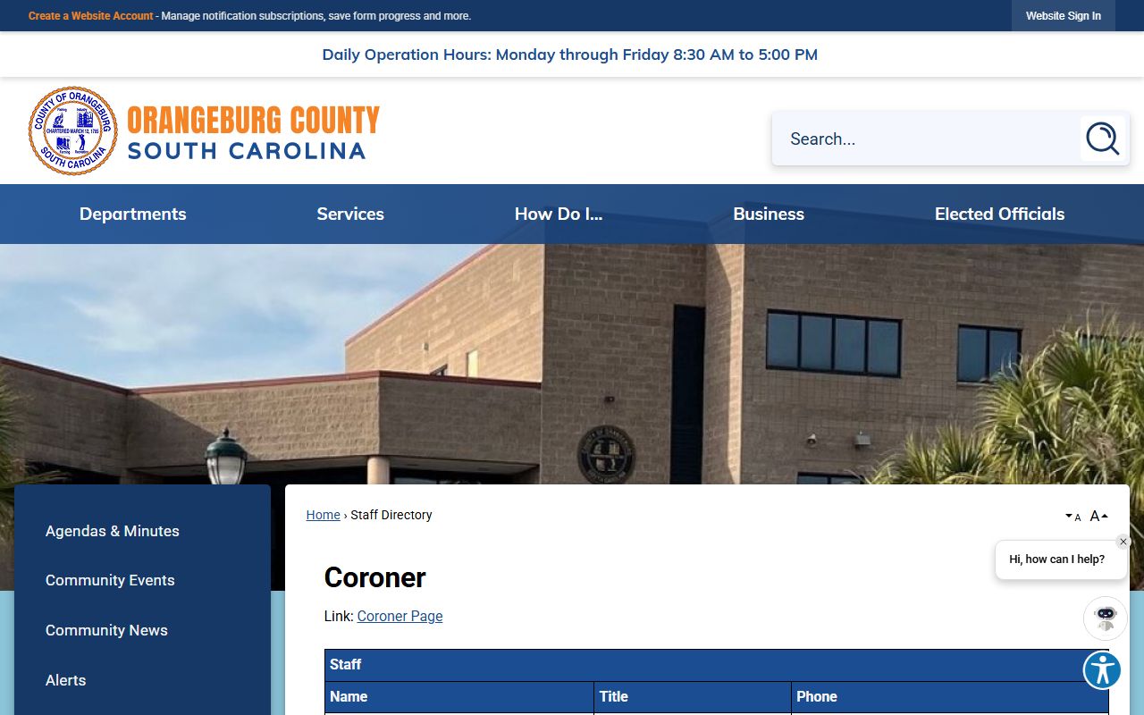 Orangeburg County Coroner directory for death index records