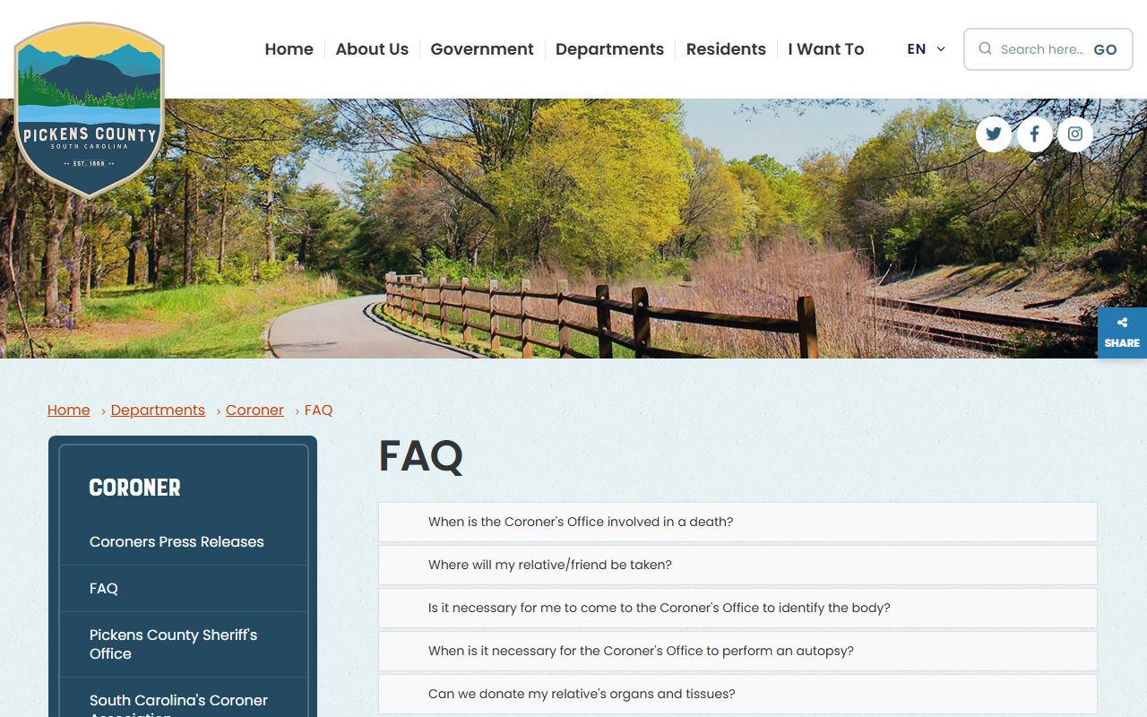 Pickens County Coroner FAQ for death index and death certificate questions