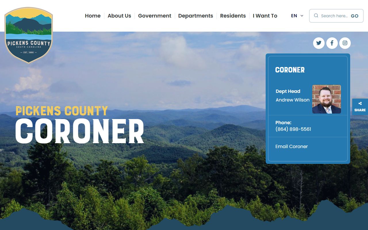 Pickens County Coroner Office for death index information