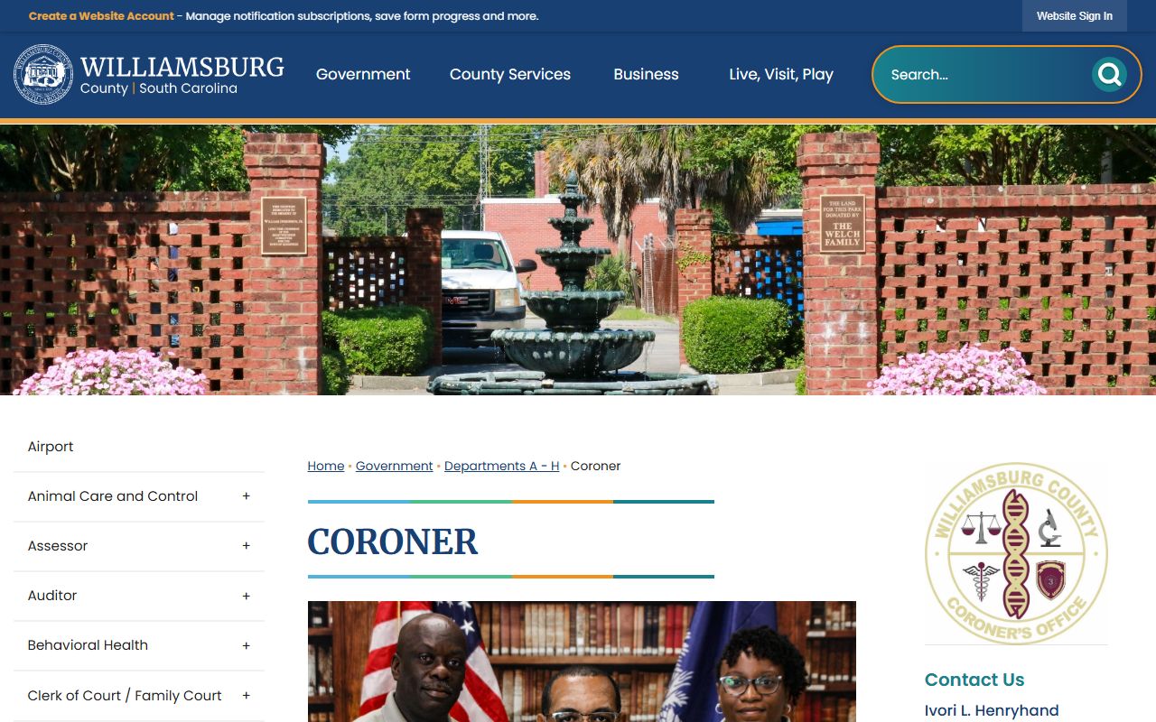 Williamsburg County Coroner Office for death index information