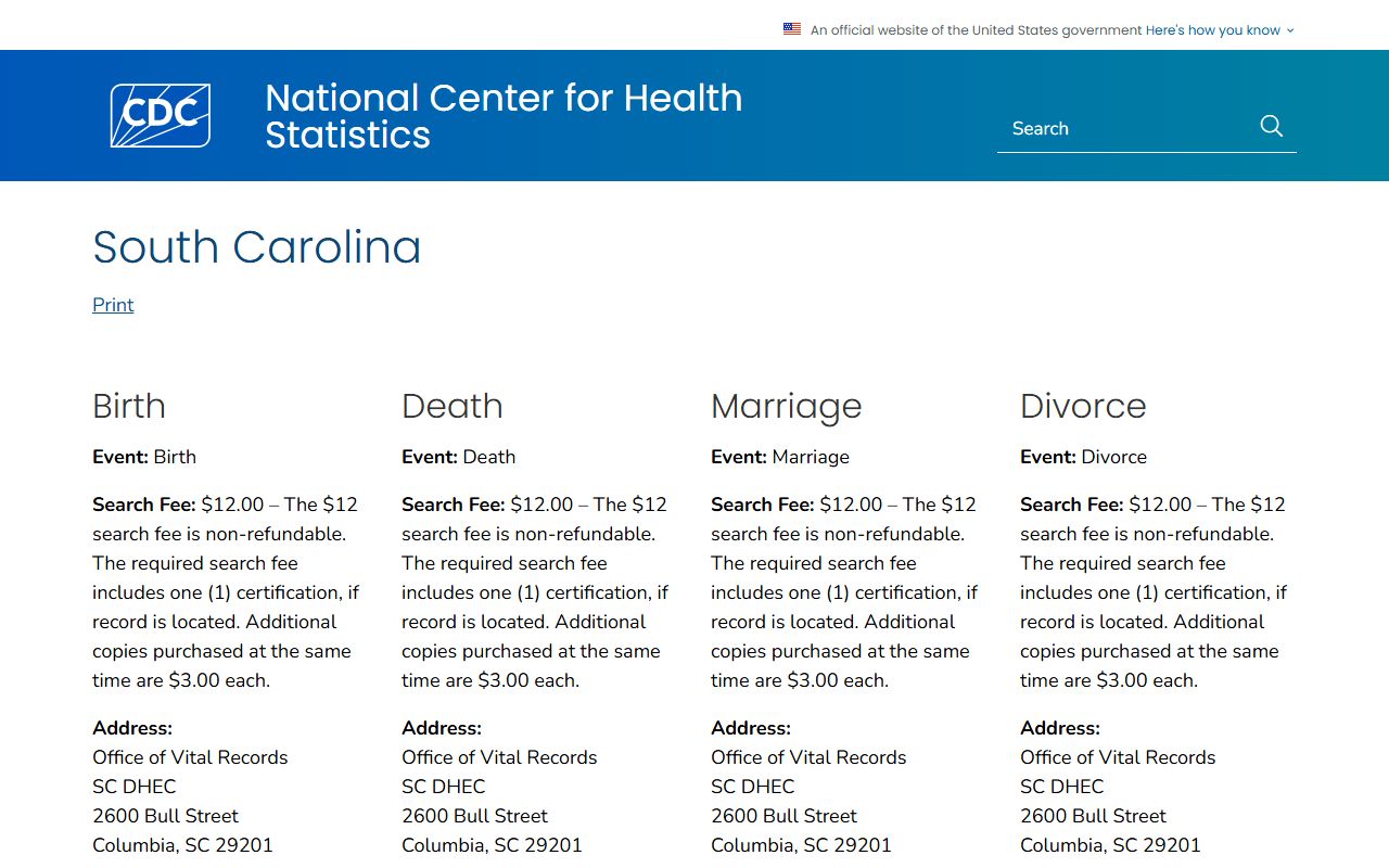 South Carolina Death Index CDC vital records guidance