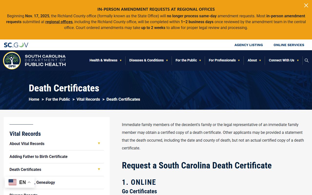 South Carolina Death Index death certificates information page