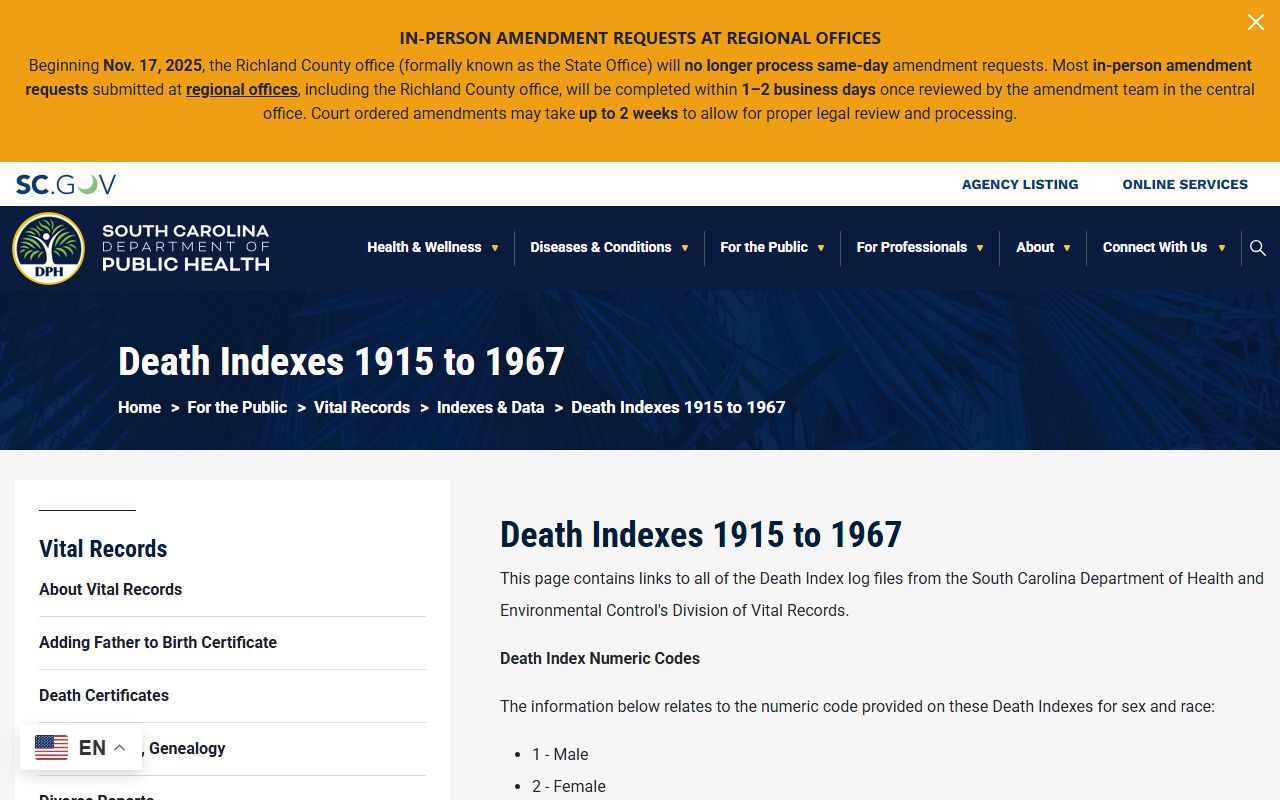 South Carolina Death Index 1915-1967 database