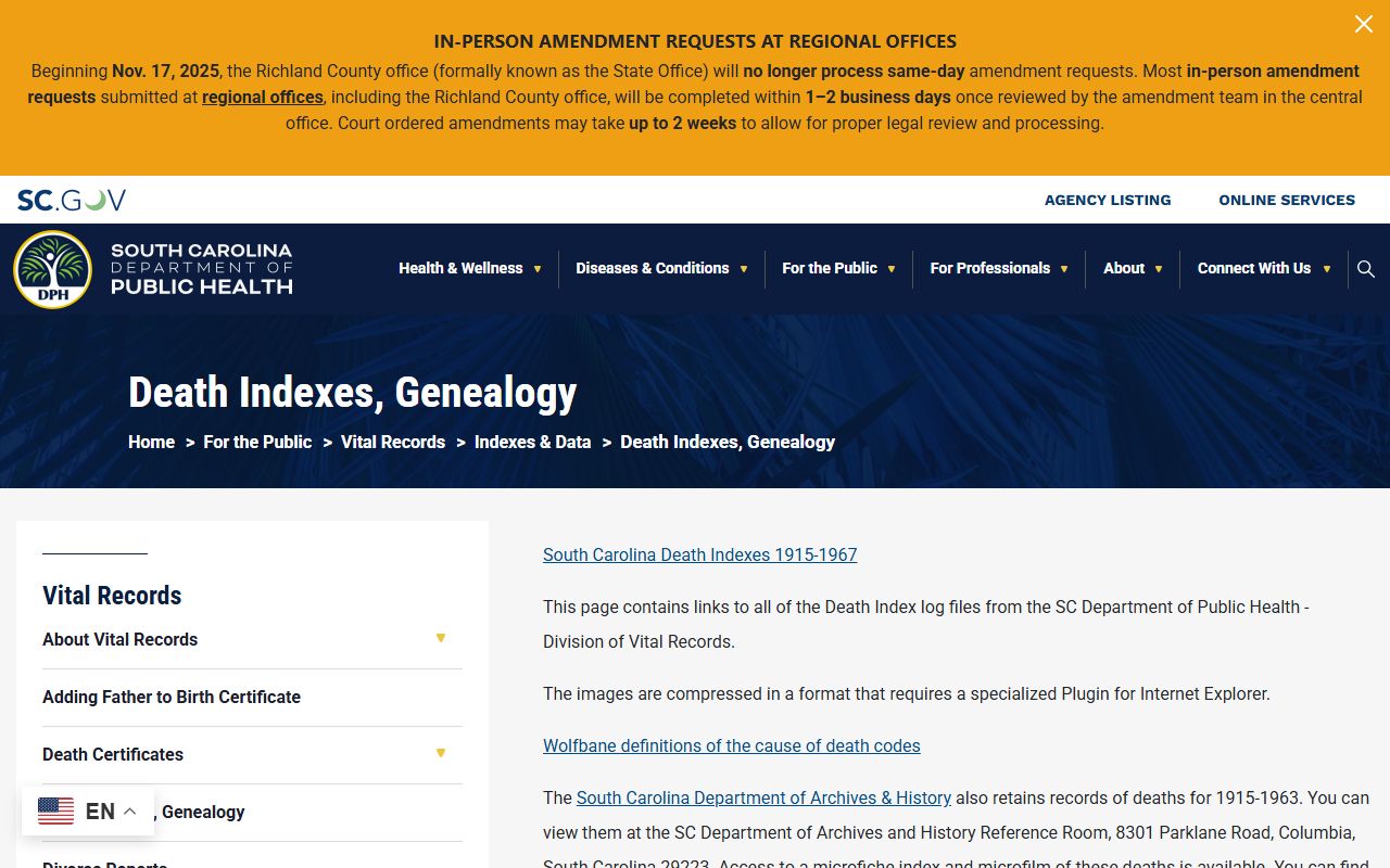 South Carolina Death Index genealogy death indexes page