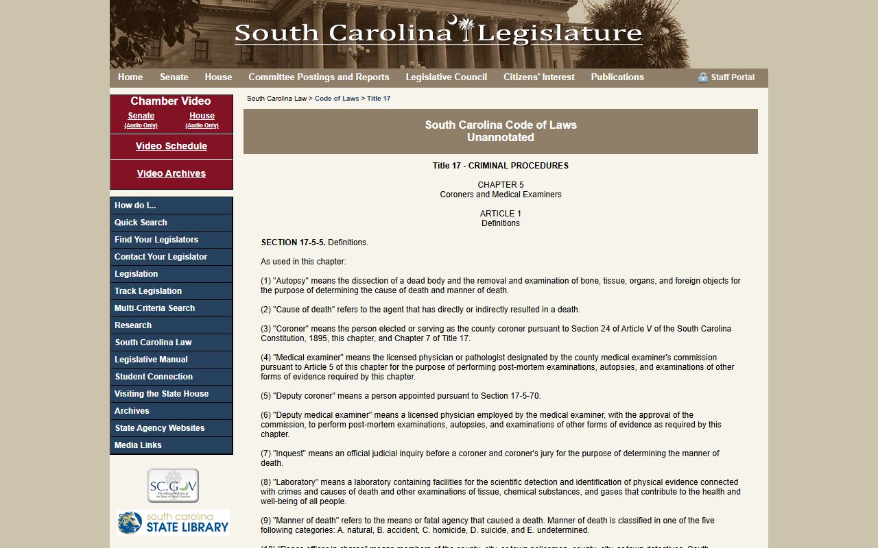 South Carolina Death Index SC coroners code Title 17 Chapter 5